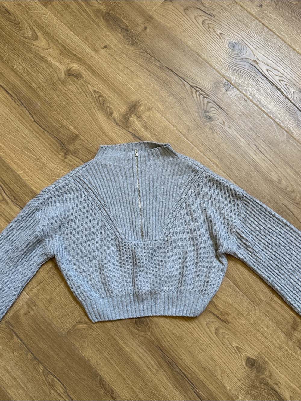 Cropped Grey Rib-Knit Women's Sweater